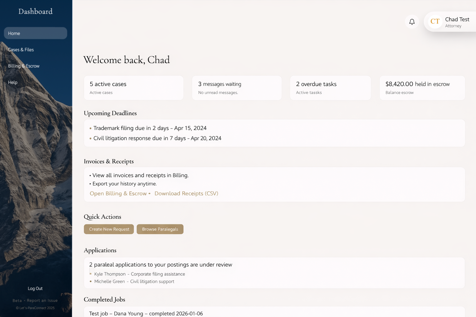 Attorney dashboard example showing case metrics and summary cards