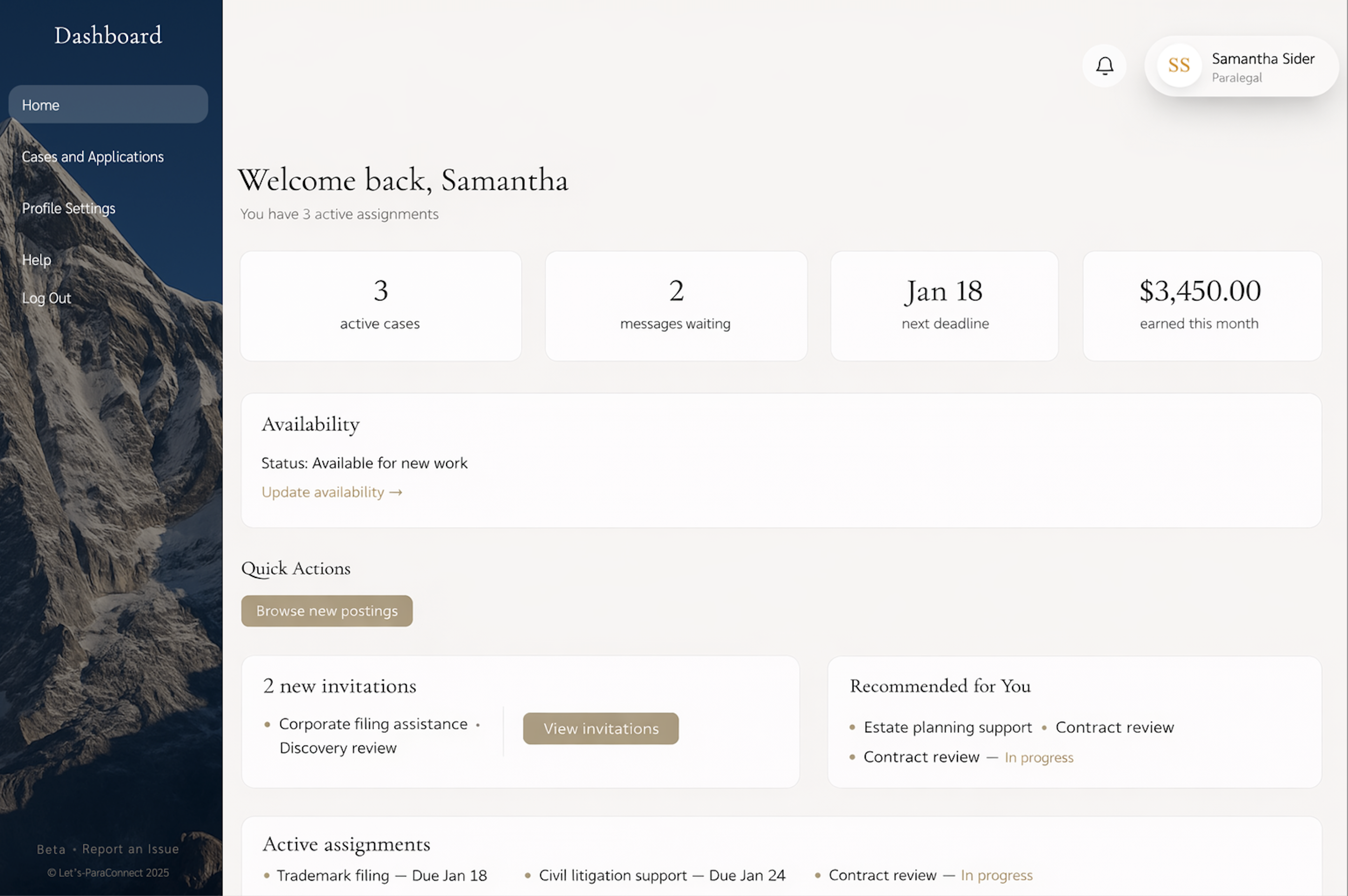 Paralegal dashboard example showing assignments and case progress