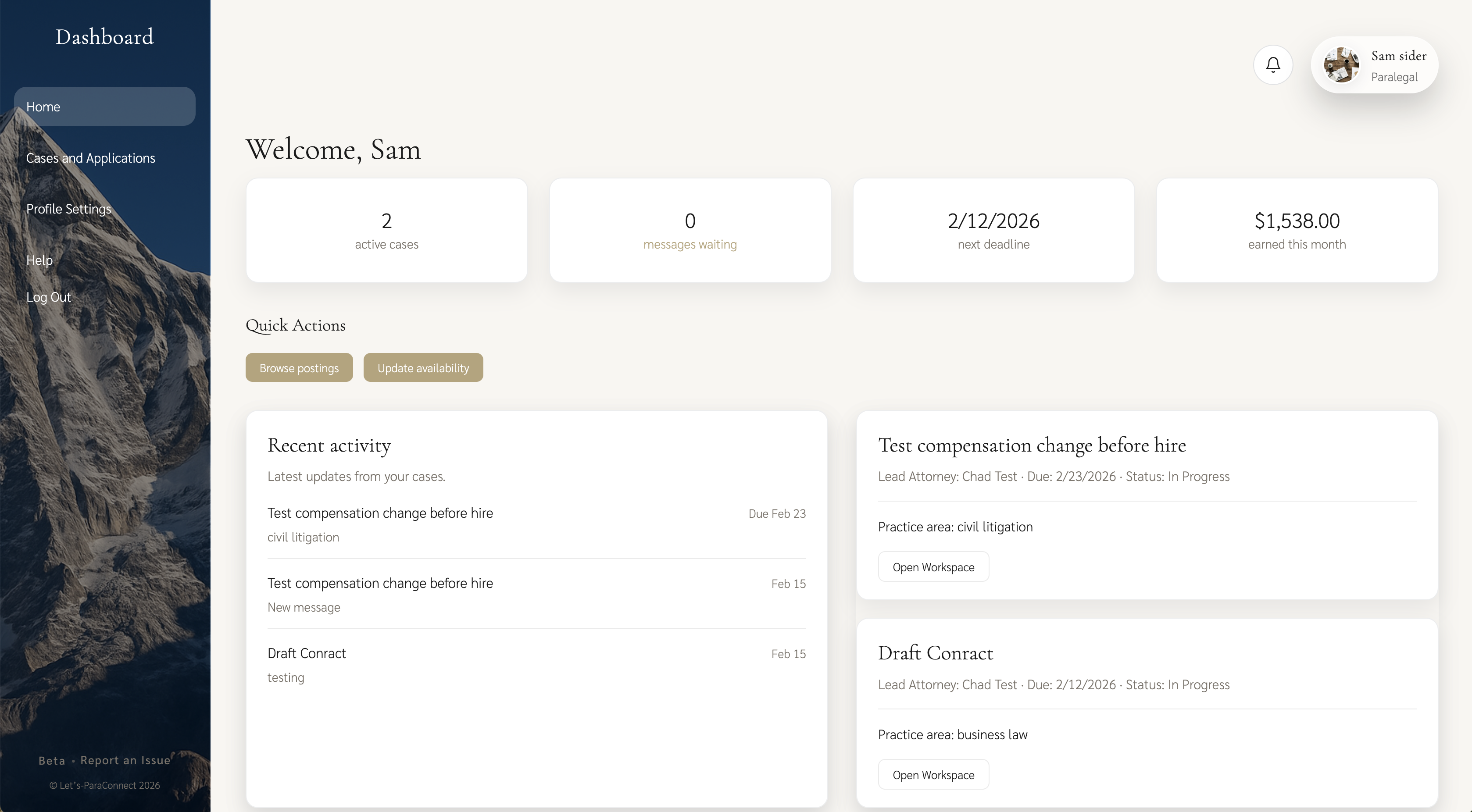 Paralegal dashboard example showing assignments and case progress